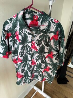 Design In Italy Luxury Mens XL Button Up Shirt Sleeve Tropical Flamingo Shirt